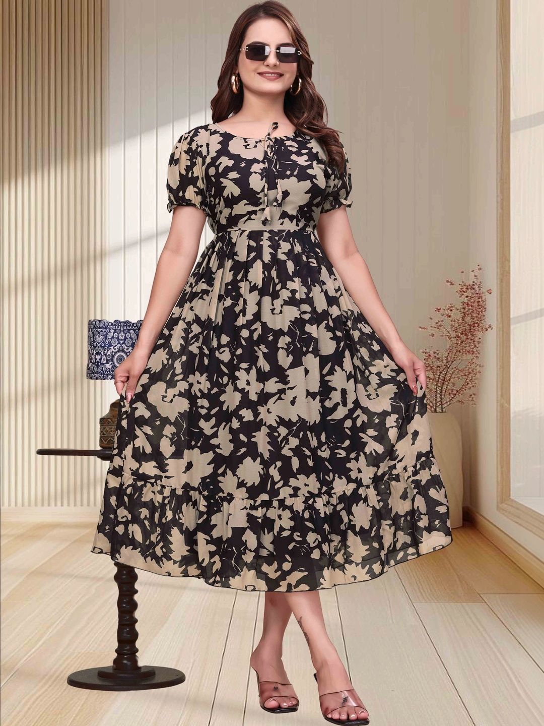 QENA Women Floral Print Puff Sleeve Georgette A-Line Midi Dress-picture-31