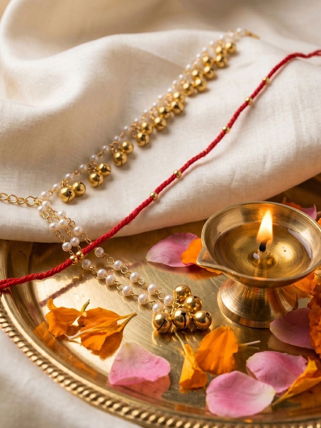 SZN Set Of 2 Pearls Gold Toned Bhaiya Bhabhi Rakhi With Roli Chawal Chandan Mishri-picture-19