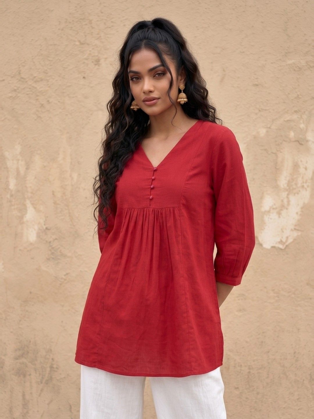 fusion by glitchez Gathers V-Neck Cotton-Linen A-Line Kurti-picture-18