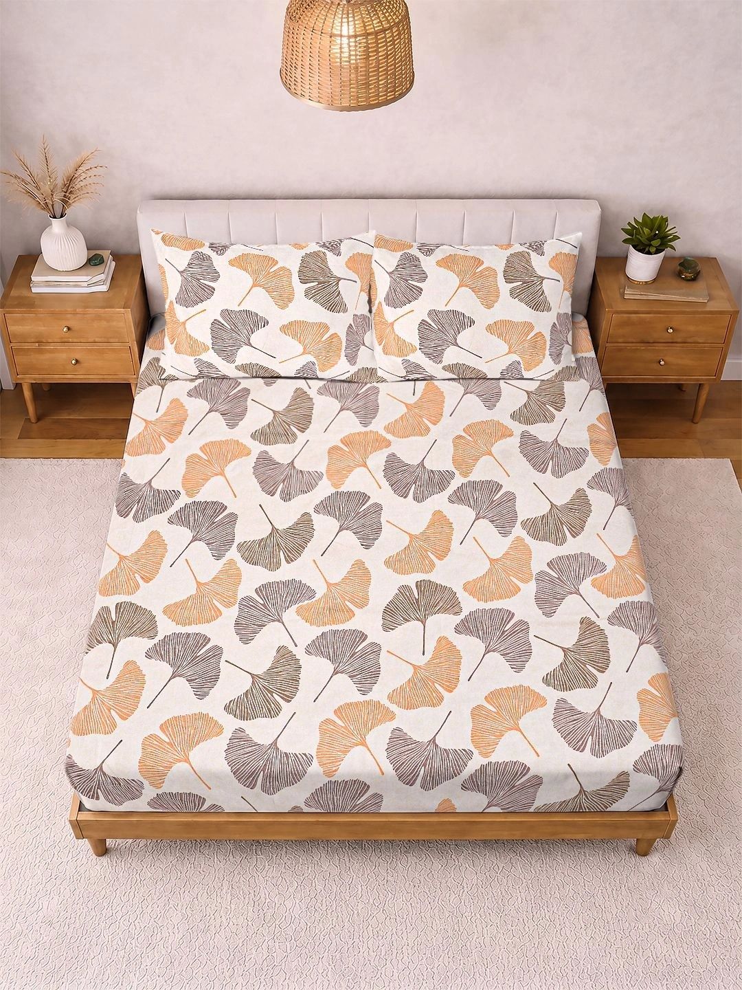 Myntra Elegant Homes Beige & Orange Floral 300 TC King Bedsheet with 2 Pillow Covers-image-9
