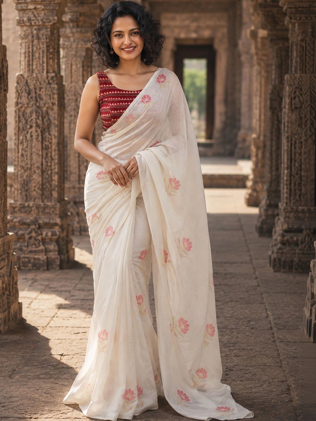 KALINI Floral Linen Blend Designer Block Print Saree-picture-34