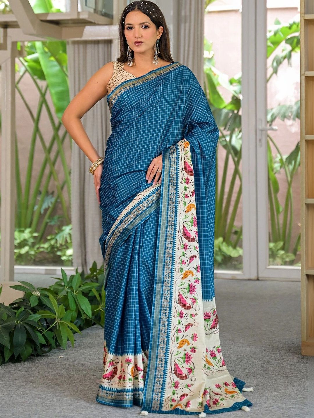 Satrani Women Checked Zari Art Silk Fusion Saree-picture-45