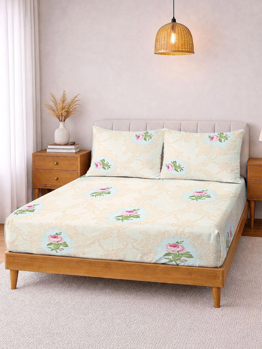 Myntra Elegant Homes Cream-Coloured & Pink Floral 300 TC King Bedsheet with 2 Pillow Covers-picture-26
