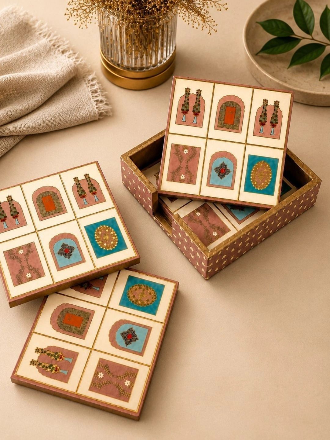 DULI 4-Pcs Beige Printed Wooden Square Coasters-picture-8