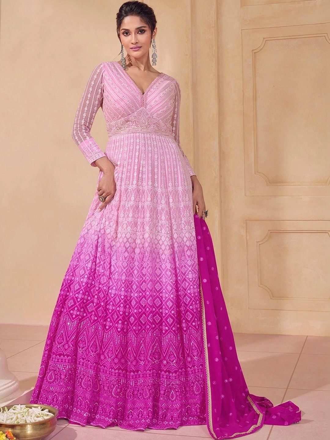 Trendmalls Women Ombre Embroidered Empire Thread Work Kurta with Pyjamas & With Dupatta-picture-39