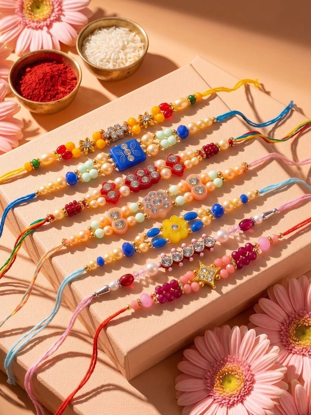 SZN Set Of 7 Multicolor Designer Thread Rakhi With Roli Chawal Chandan Mishri-picture-37