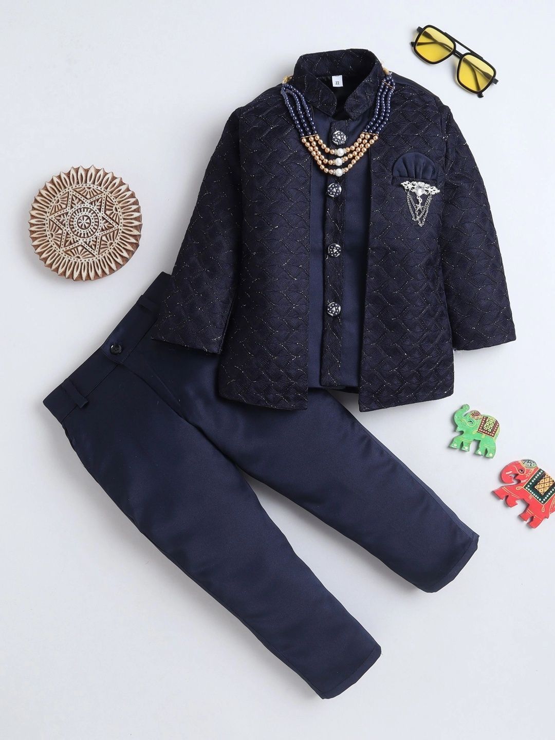 Miss & Chief Boys Geometric Diamond Woven Pattern Sherwani & Trouser Set-picture-10