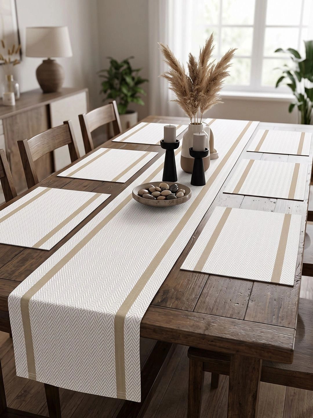 Myntra Elegant Homes 7-Pcs Beige Striped Rectangle Table Placemats With Runner-picture-36