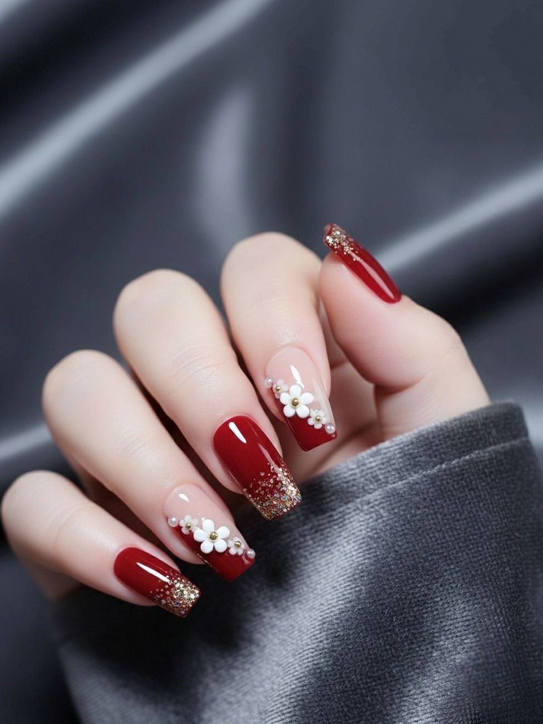 Vembley Set Of 24 Artificial Reusable Press On Nails - Maroon With Glitter & Flowers-picture-11