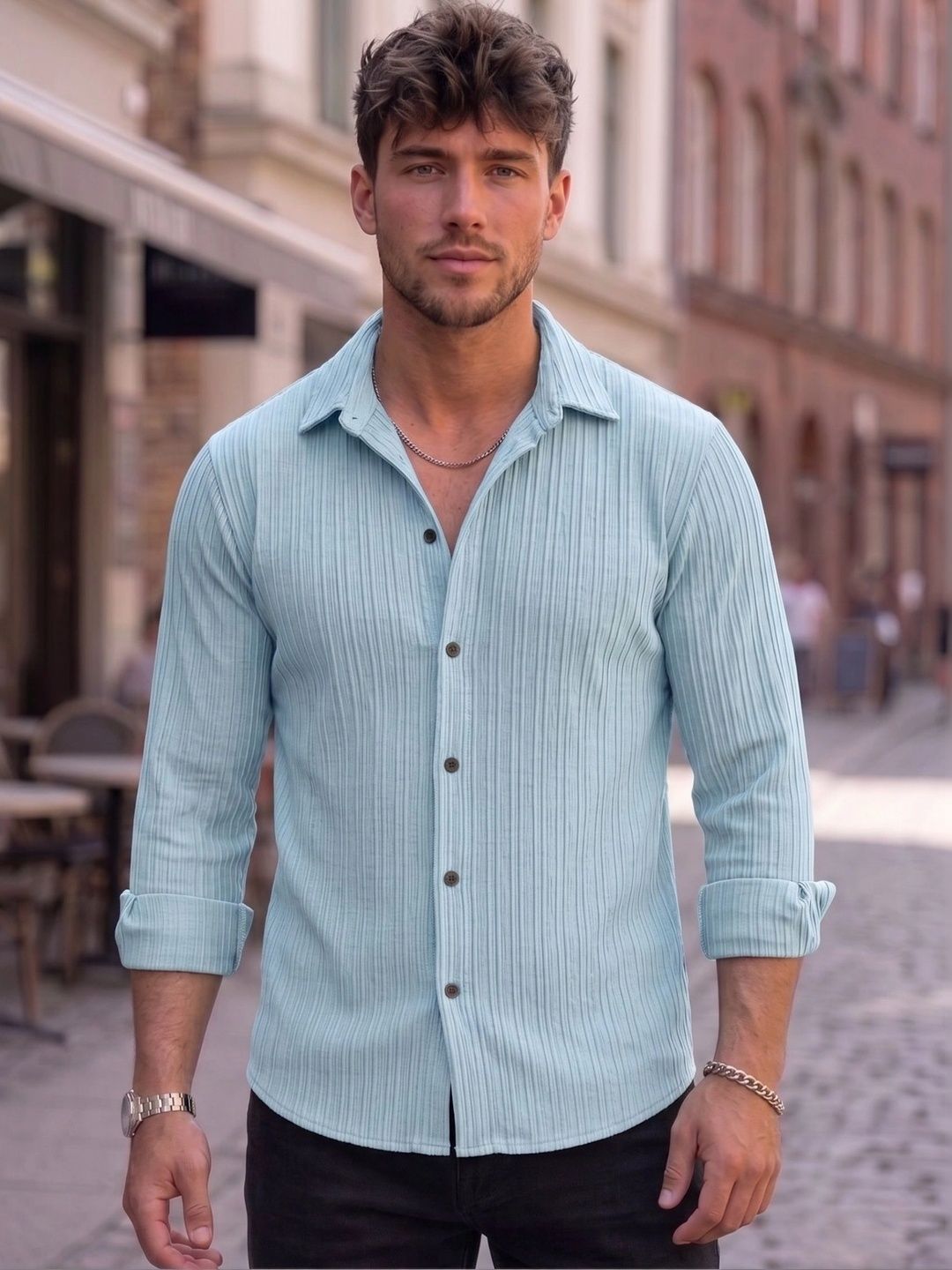 FINIVO FASHION Textured Long Sleeves Slim Fit Casual Shirt-picture-17