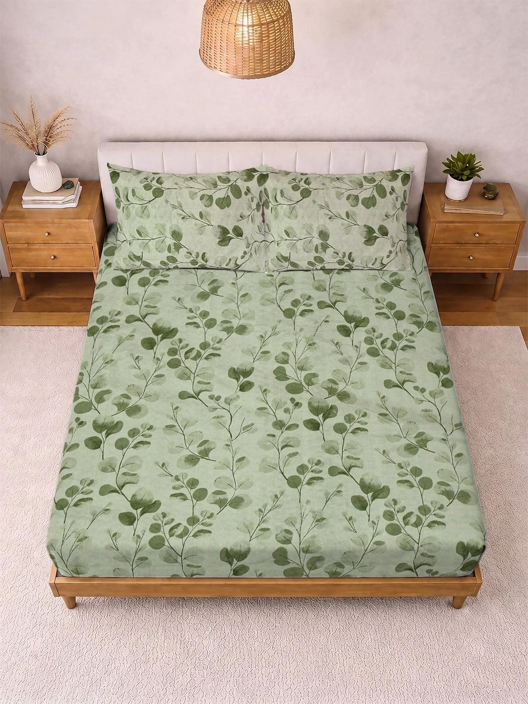 Myntra Elegant Homes Green Floral 300 TC King Bedsheet with 2 Pillow Covers-image-27