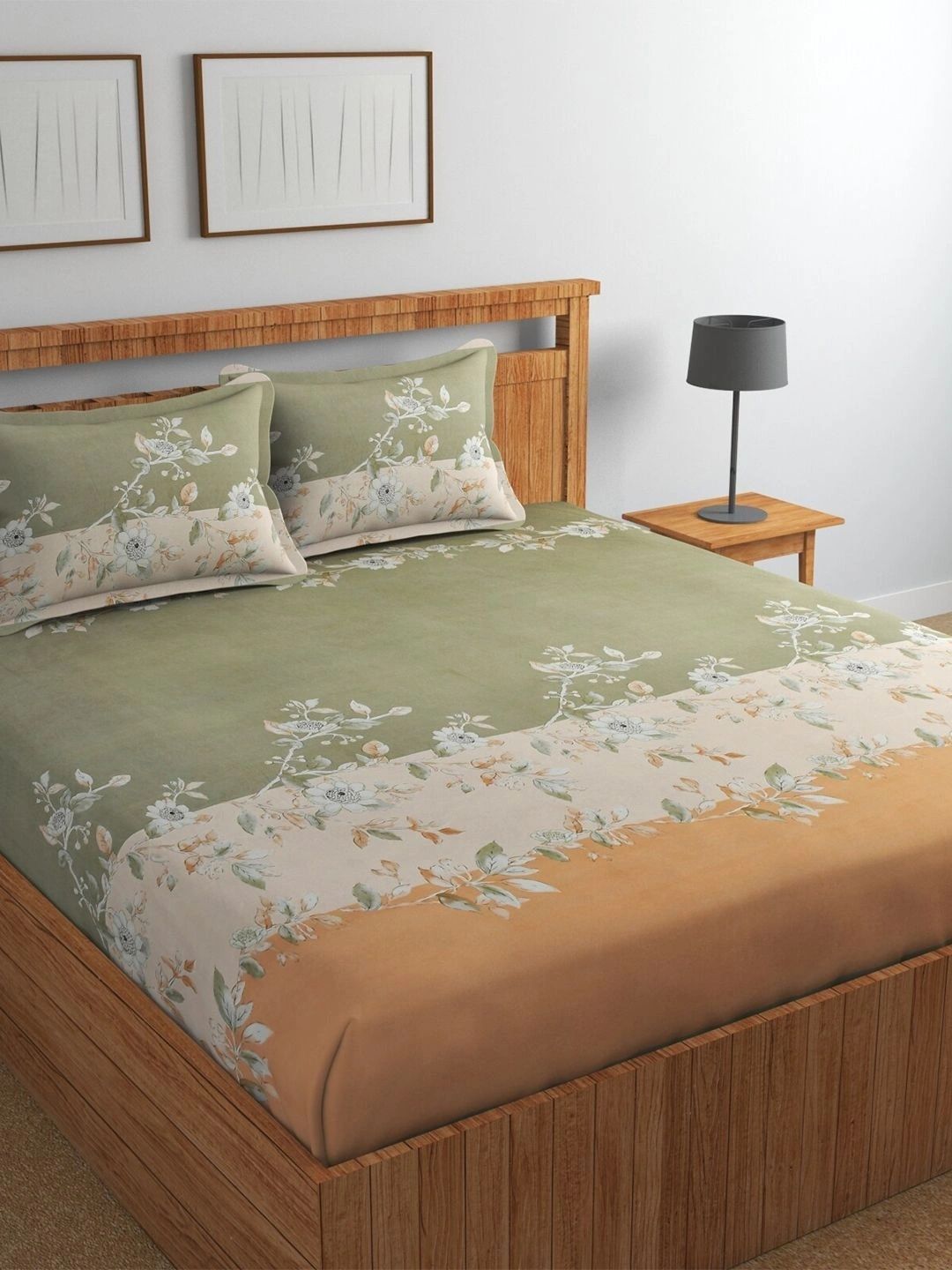 Florida Olive Green & Orange Floral 160 TC Bedsheet with 2 Pillow Covers-picture-35