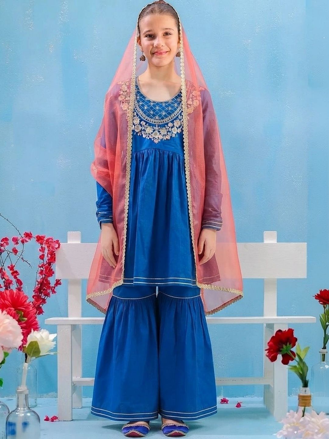 CurlyTales Girls Ethnic Motifs Embroidered Empire Thread Work Pure Cotton Kurta with Sharara & With Dupatta-picture-31