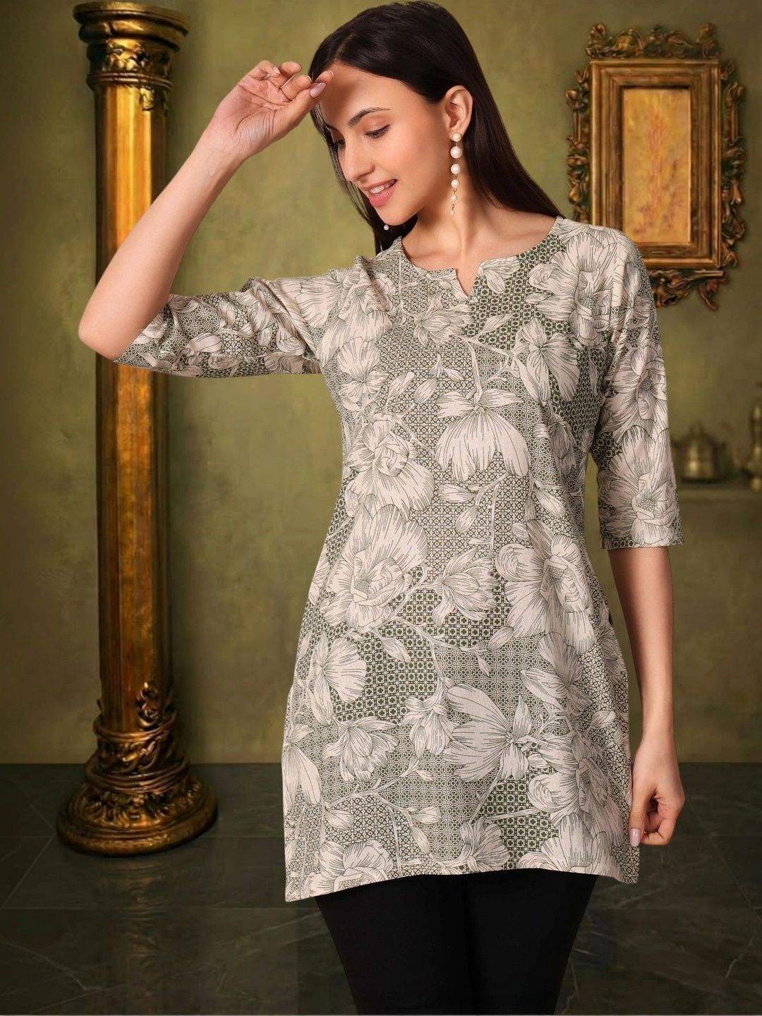 House of Sakhhi Floral Printed V-Neck Pure Cotton Blend Khadi Kurti-picture-49