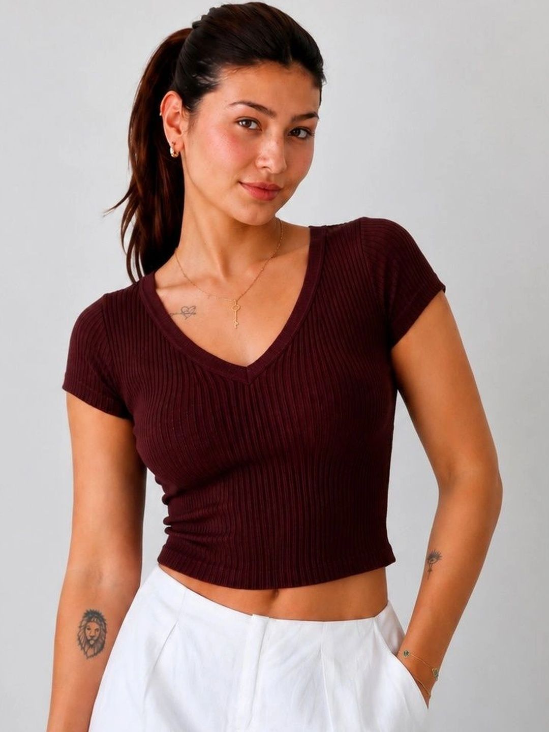 GLOWBERRY V Neck Ribbed Cotton Crop Top-picture-57