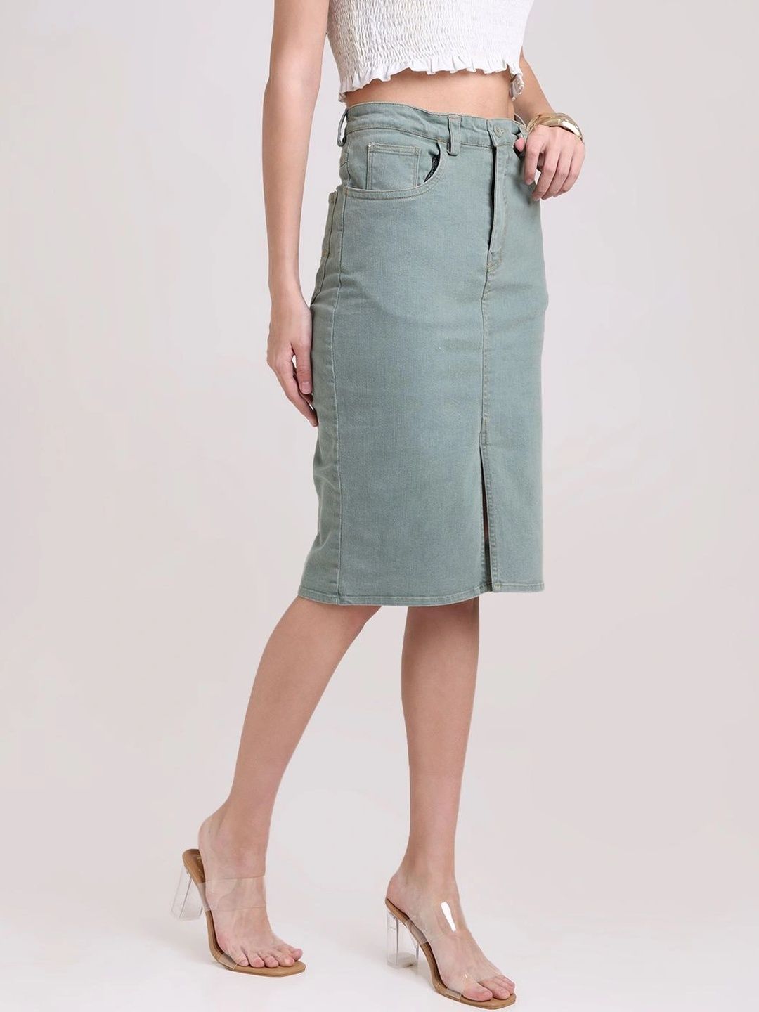 Blnk Women Denim Front Slit Knee Length Straight Skirt-picture-27
