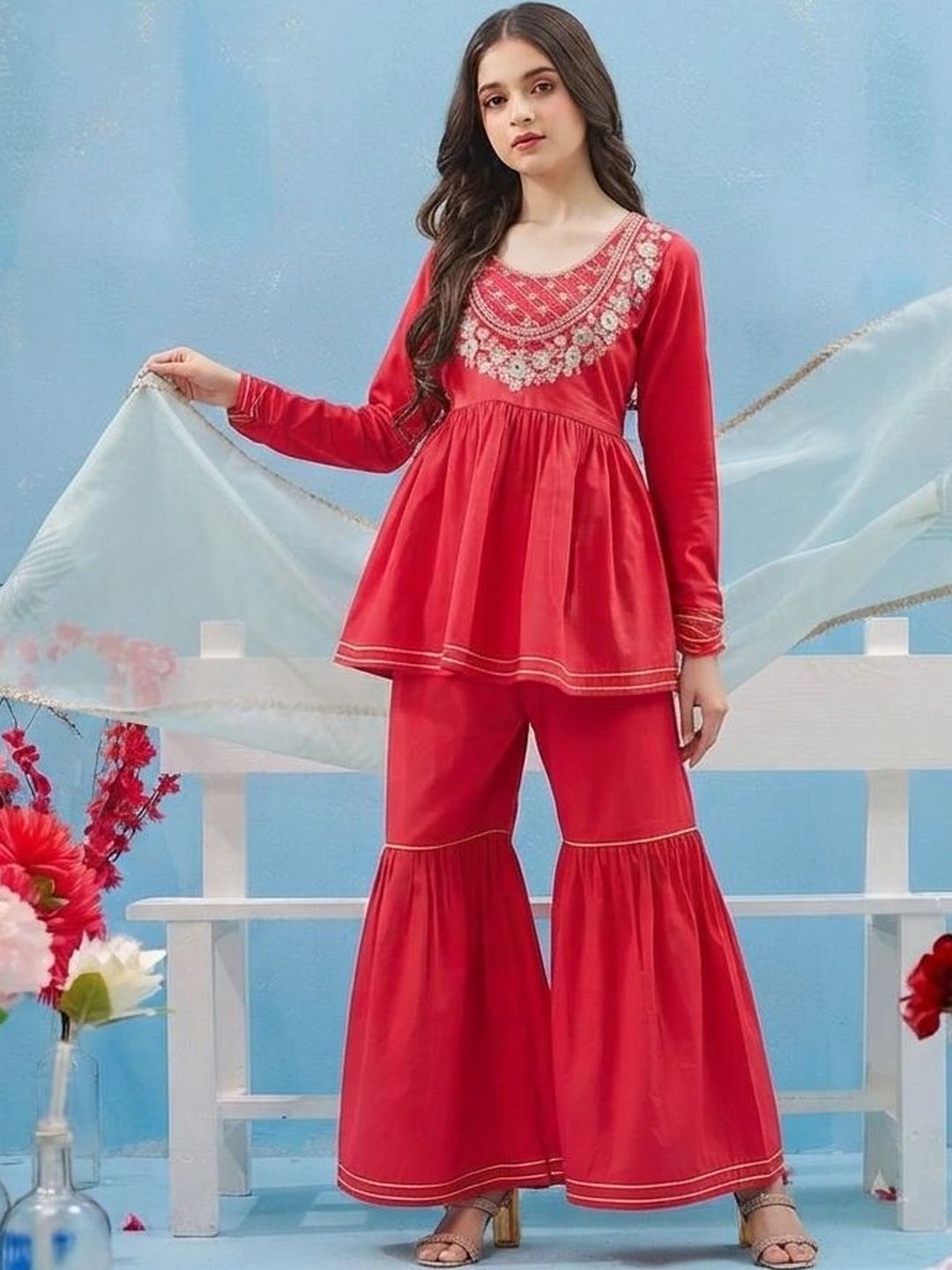 CurlyTales Girls Floral Embroidered Empire Thread Work Pure Cotton Kurti with Sharara & With Dupatta-picture-29