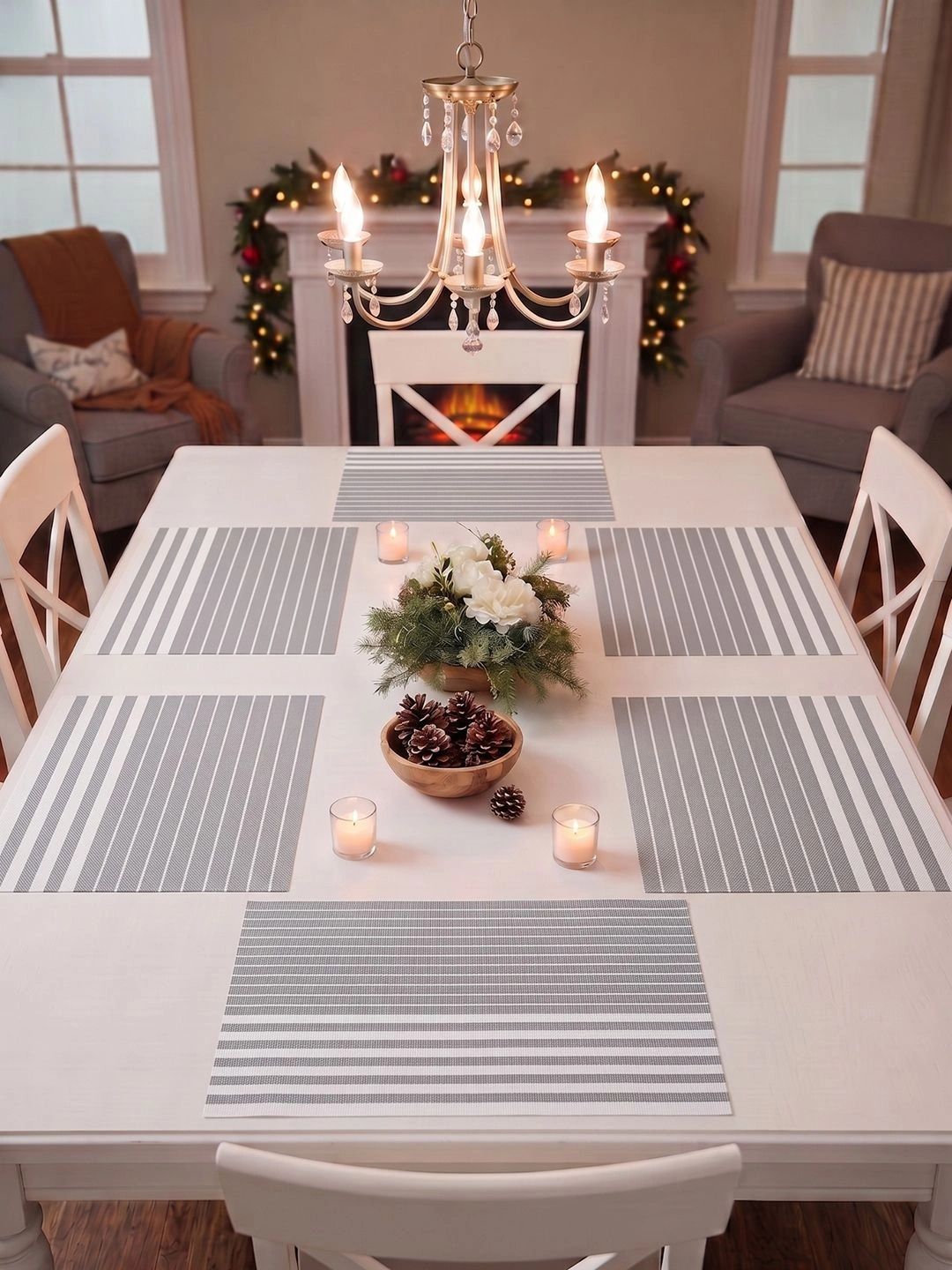 Myntra Elegant Homes 8-Pcs Grey Striped Rectangle Table Placemats-picture-18
