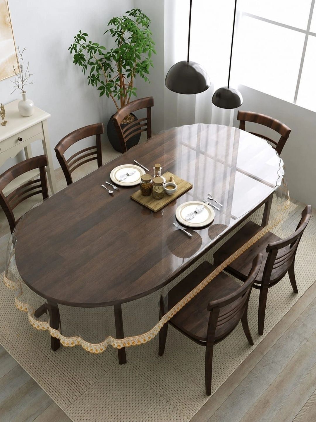 IC ICONIC CHOICE Transparent Set of 6 Waterproof Oval 6-Seater Table Cover with Embellished details-picture-36