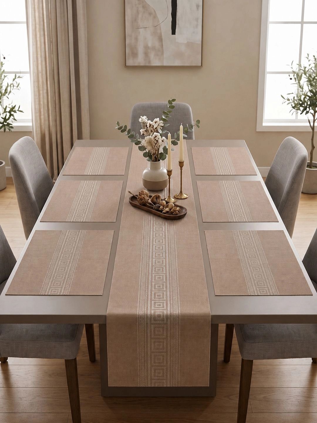 Myntra Elegant Homes 7-Pcs Camel Brown Striped Rectangle Table Placemats With Runner-picture-20