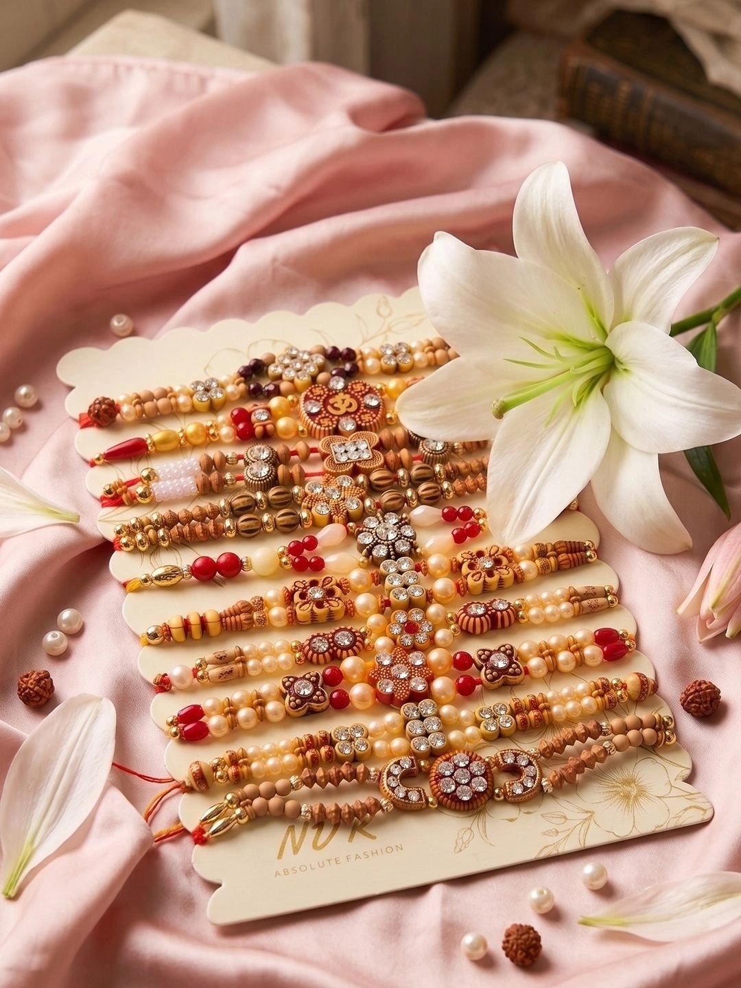 SZN Set Of 10 Artificial Stones & Beads Thread Rakhi With Roli Chawal Chandan Mishri-picture-46