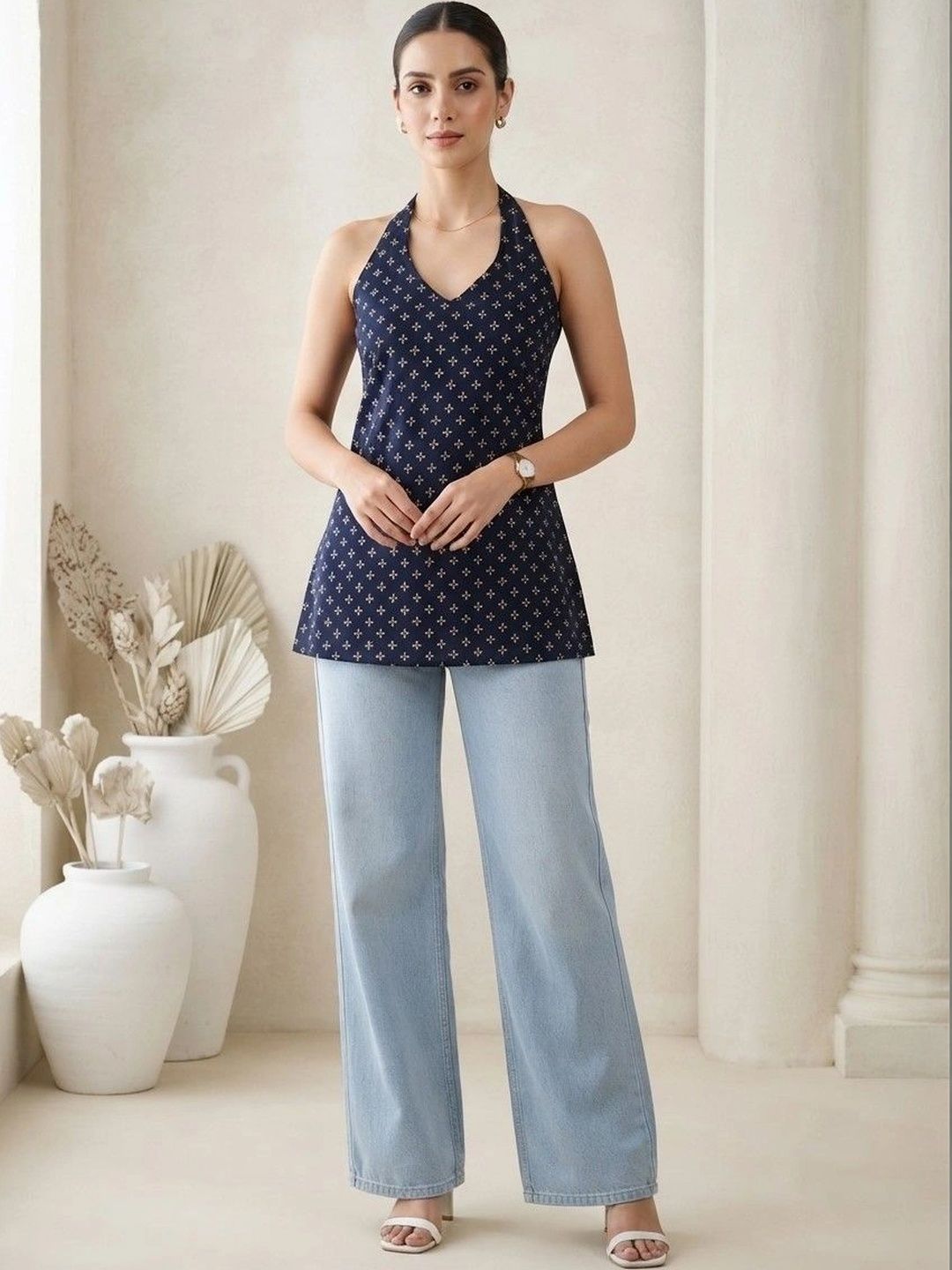 KALINI Ethnic Motifs Printed Halter Neck Pure Cotton Kurti-picture-37