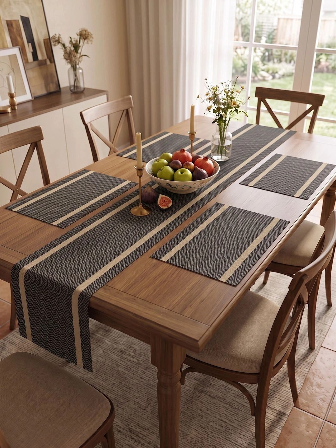 Myntra Elegant Homes 5-Pcs Black Striped Rectangle Table Placemats With Runner-picture-11