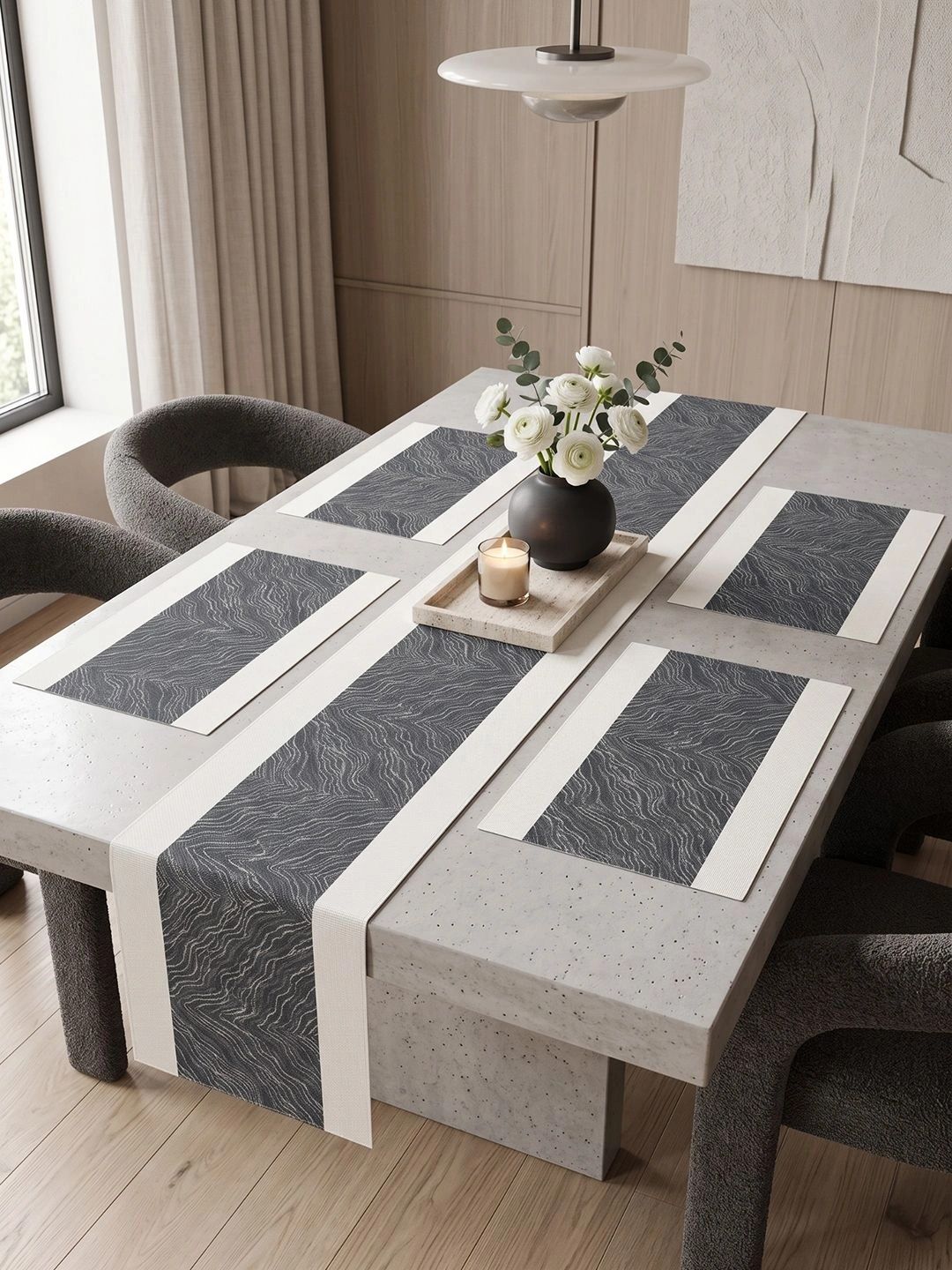 Myntra Elegant Homes 5-Pcs Grey Striped Rectangle Table Placemats With Runner-picture-39