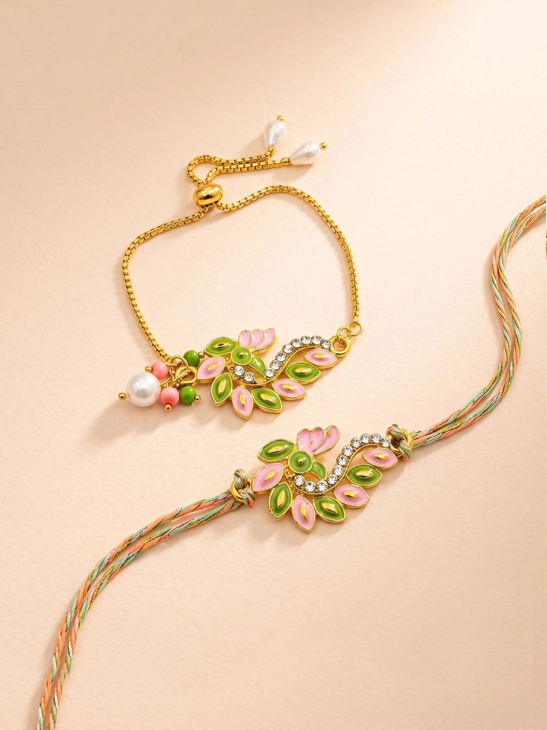 ADIVA Pink Green Floral Bhai Bhabhi Rakhi Lumba Set with Roli Chawal Meshrei Card-picture-9