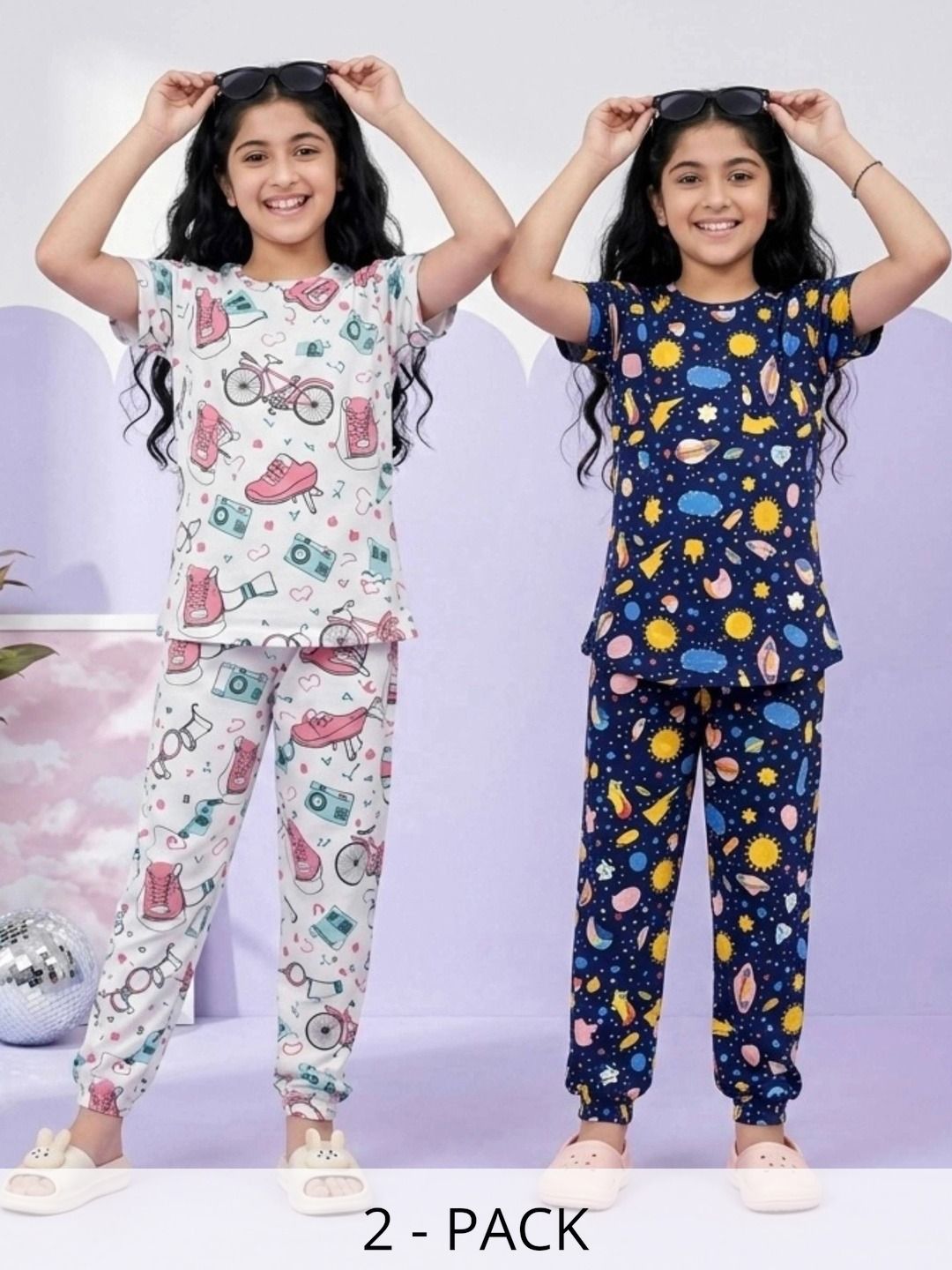 BAESD Girls Pack of 2 Cotton Printed Short Sleeves Nightdress-picture-29