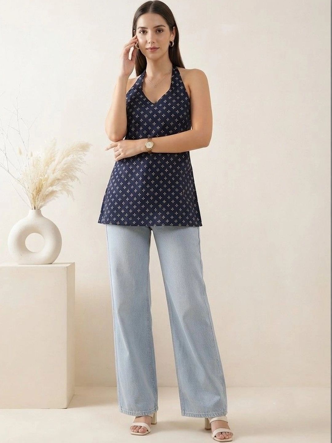 HERE&NOW Ethnic Motifs Printed Halter Neck Pure Cotton Kurti-picture-14