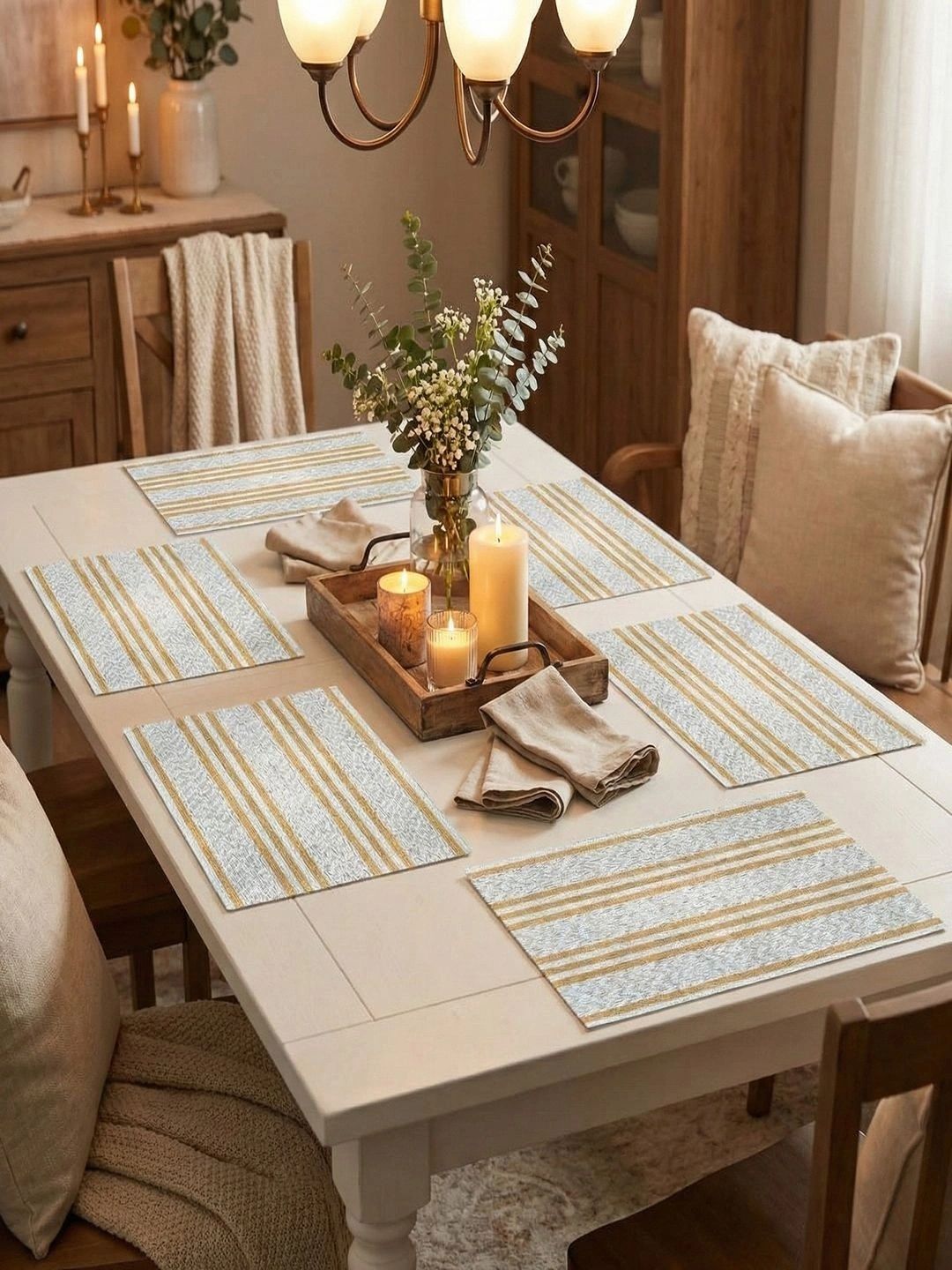 Myntra Elegant Homes 8-Pcs Off White Striped Rectangle Table Placemats-picture-42