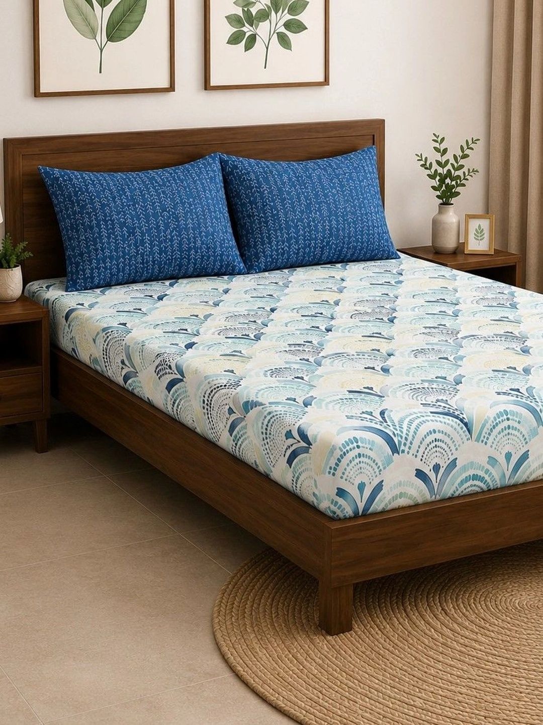 Myntra Elegant Homes Blue Floral 400 TC King Bedsheet with 2 Pillow Covers-image-10