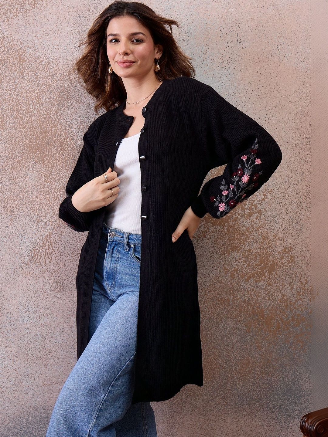 Chemistry Women Embroidered Ribbed Woollen Longline Cardigan with Embroidered Detail-picture-55