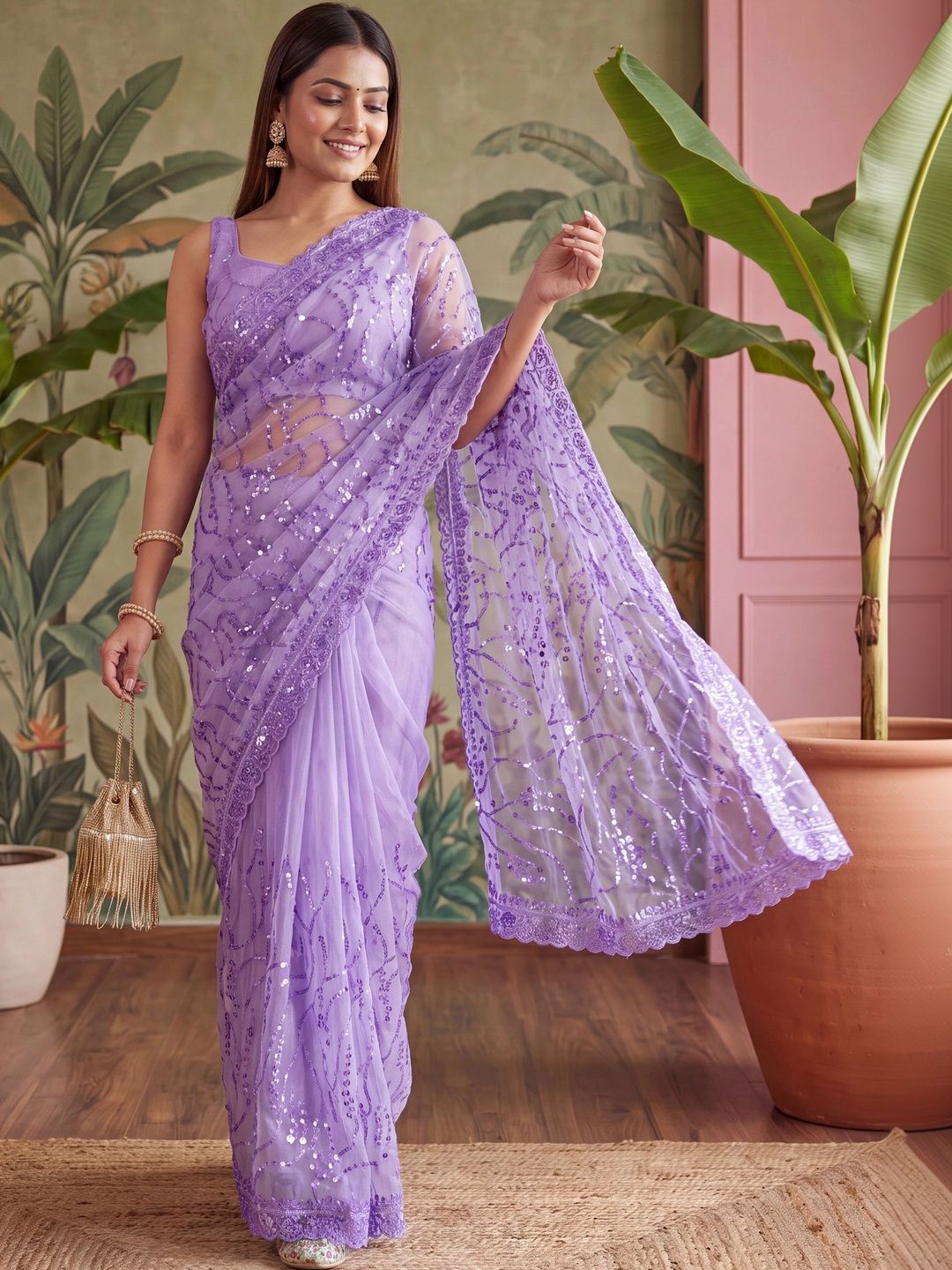 Sangria Floral Sequinned Net Designer Saree-image-11