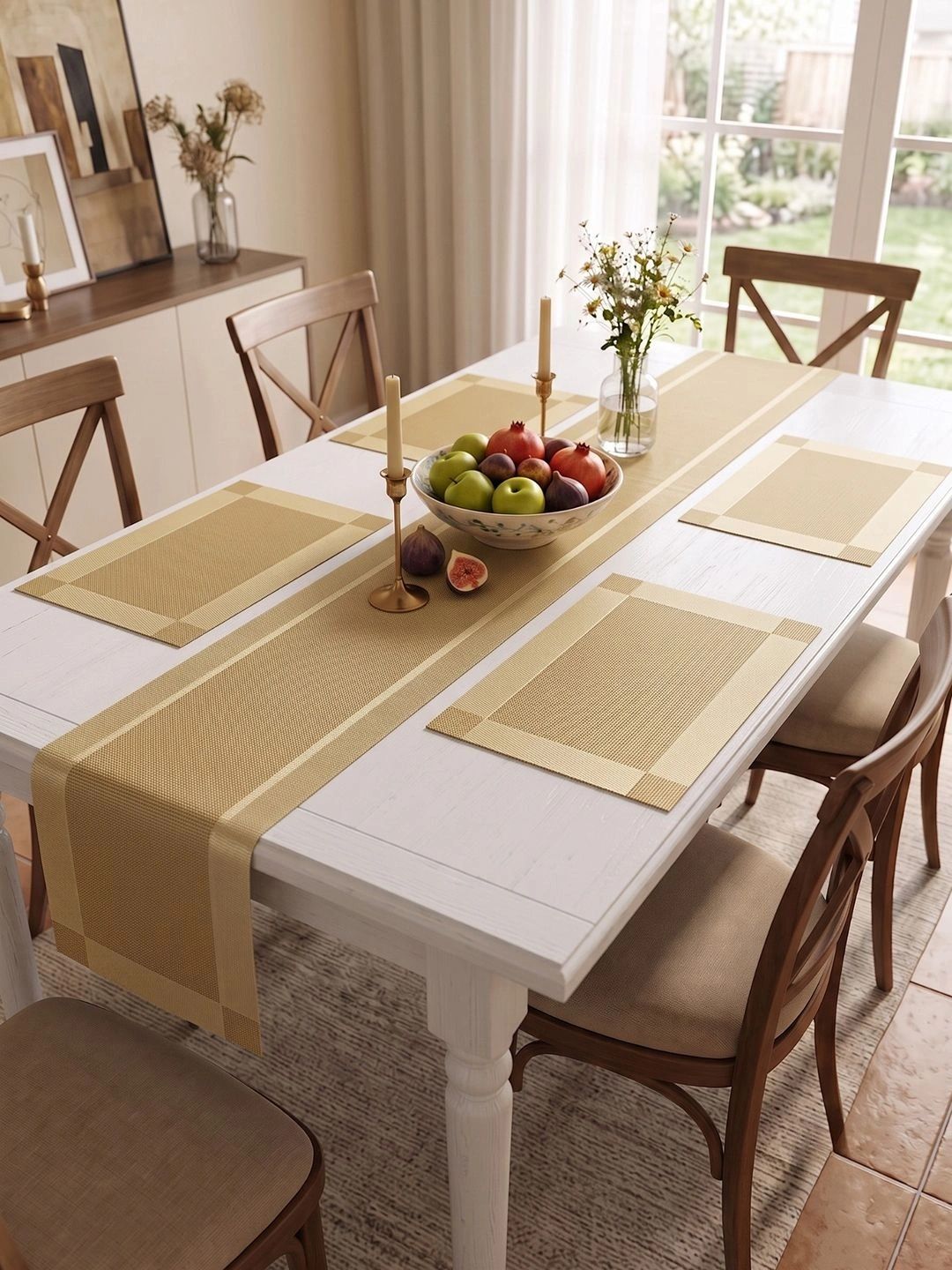 Myntra Elegant Homes 5-Pcs Beige Striped Rectangle Table Placemats With Runner-picture-21