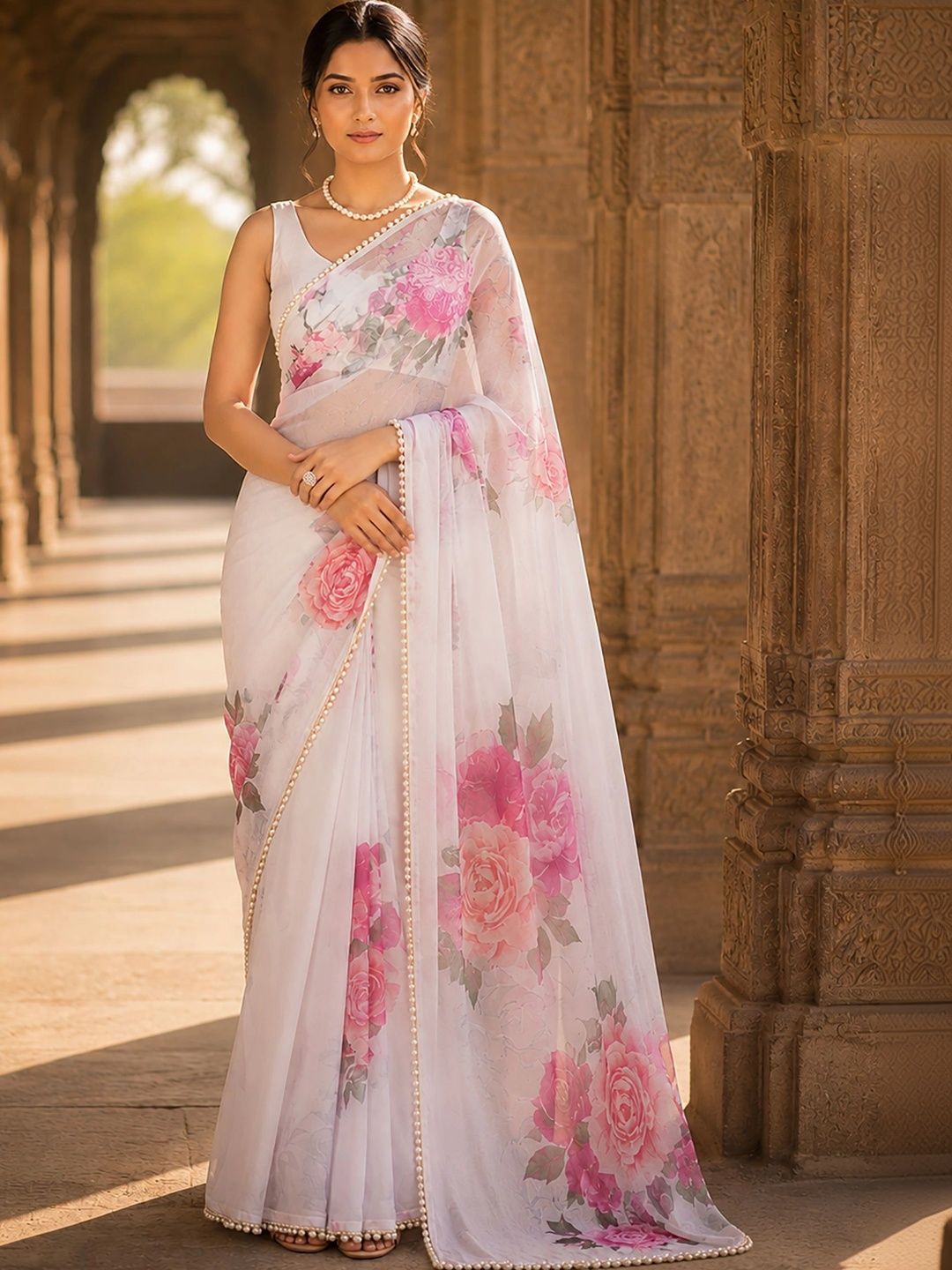 Mitera Floral Beads and Stones Poly Georgette Designer Block Print Saree-image-16