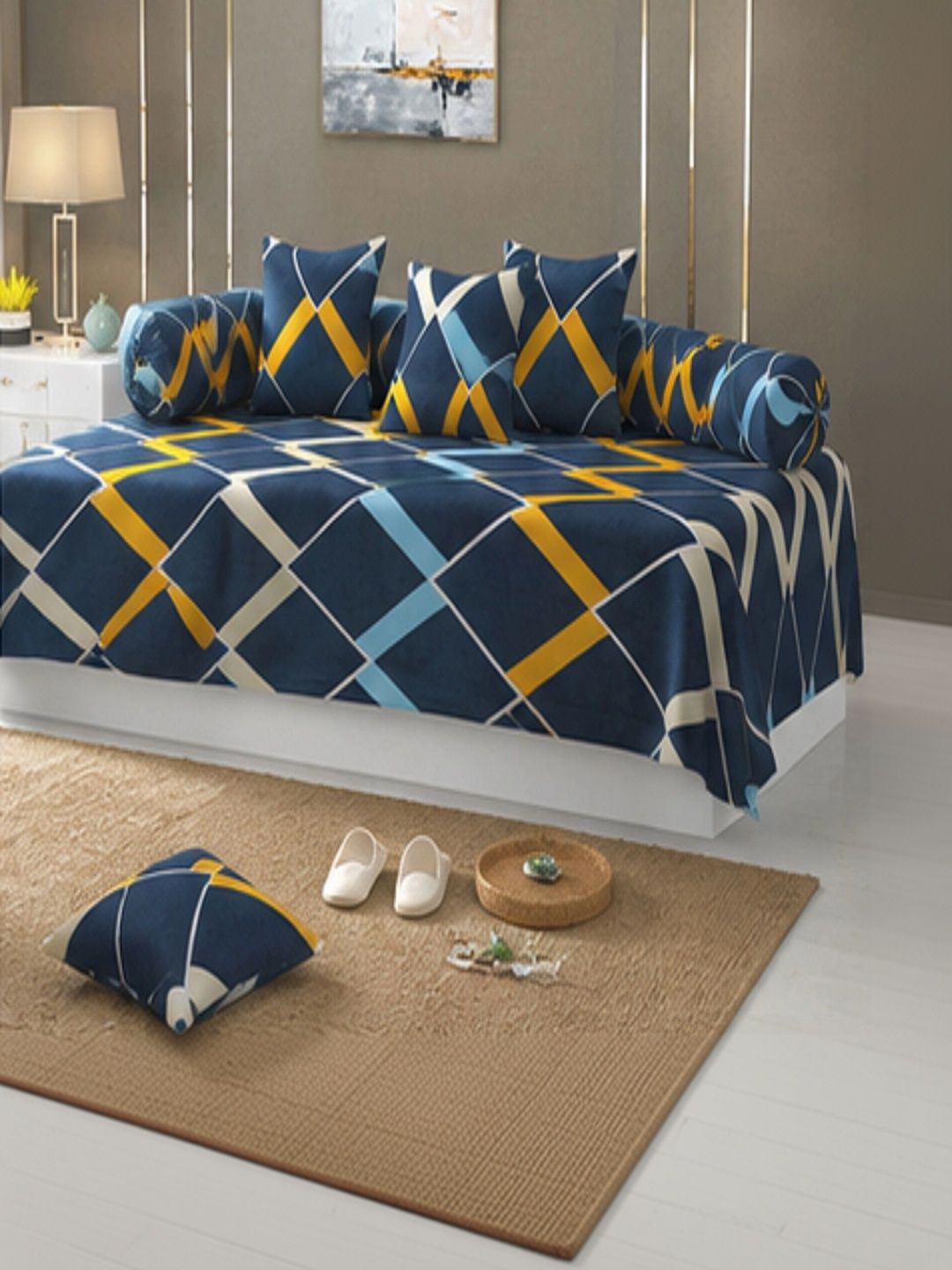 A Next Step Set Of 8 Blue & Yellow Printed Diwan Set-picture-14
