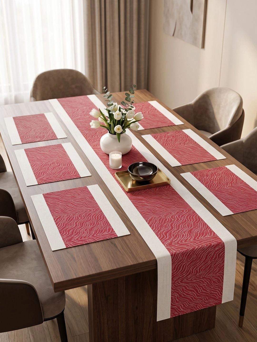 Myntra Elegant Homes 7-Pcs Red Striped Rectangle Table Placemats With Runner-picture-35