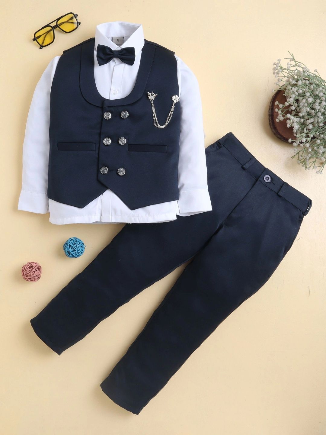 Dripteen Boys Shawl Collar Double Breasted 3 Piece Suit Set with Bowtie-picture-43