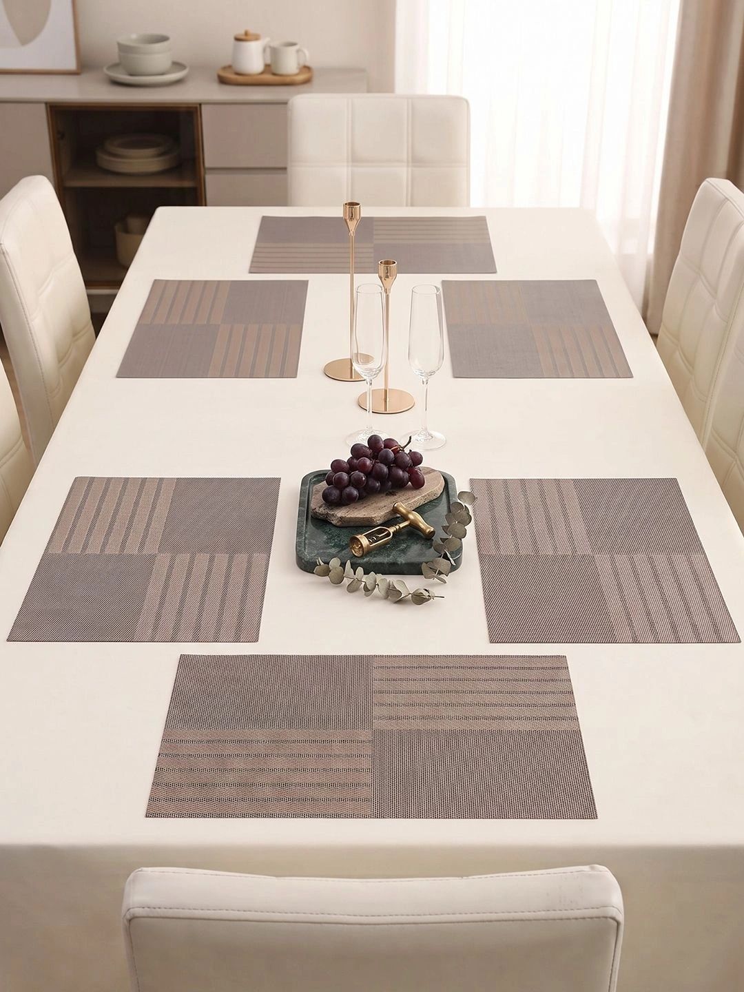 Myntra Elegant Homes 8-Pcs Camel Brown Striped Rectangle Table Placemats-picture-57