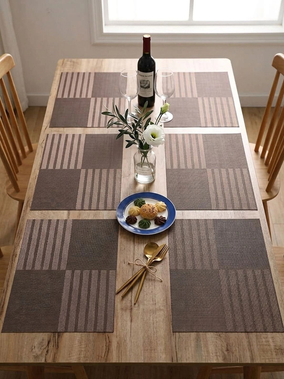 Myntra Elegant Homes 8-Pcs Brown Striped Rectangle Table Placemats-picture-57
