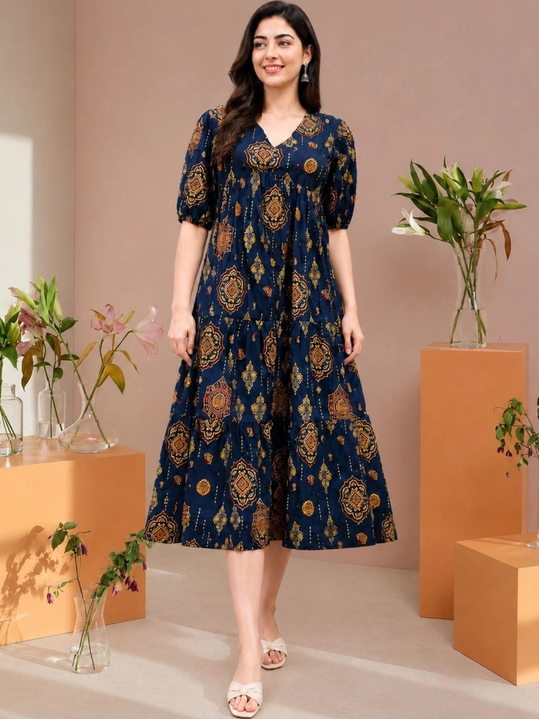Twelve South Ethnic Motifs Print Puff Sleeve A-Line Dress-picture-13