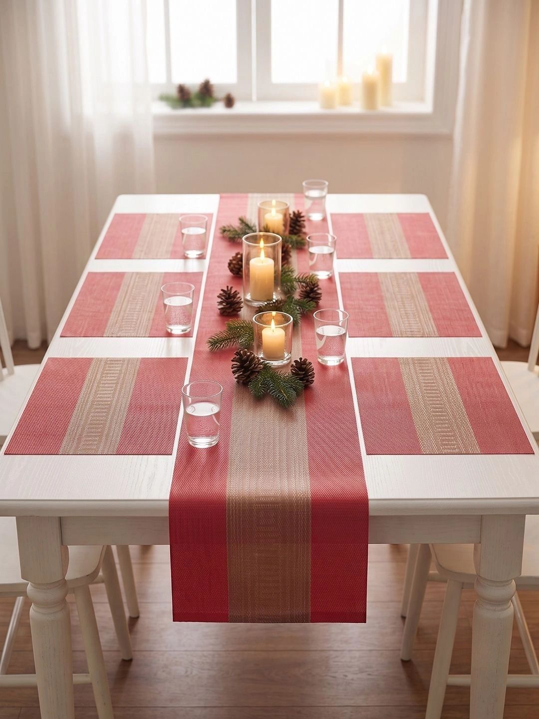 Myntra Elegant Homes 7-Pcs Red Striped Rectangle Table Placemats With Runner-picture-18