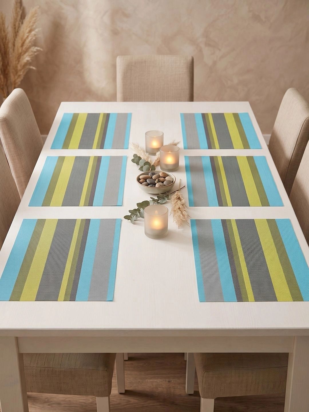 Myntra Elegant Homes 8-Pcs Blue & Green Striped Rectangle Table Placemats-picture-25