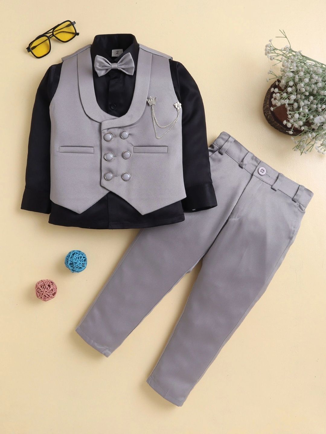 KALINI Boys Shawl Collar Double Breasted 3 Pieces Suit Set with Bow-picture-44