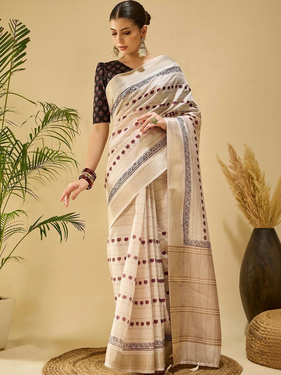 Saree mall Woven Design Zari Silk Blend Designer Block Print Sarees-picture-16