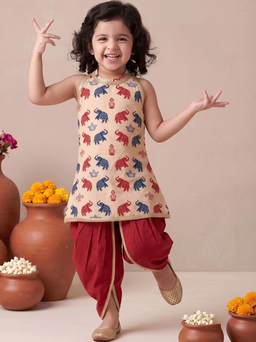 Aj DEZInES Girls Ethnic Motifs Printed Regular Pure Cotton Kurta with Dhoti Pants-picture-13