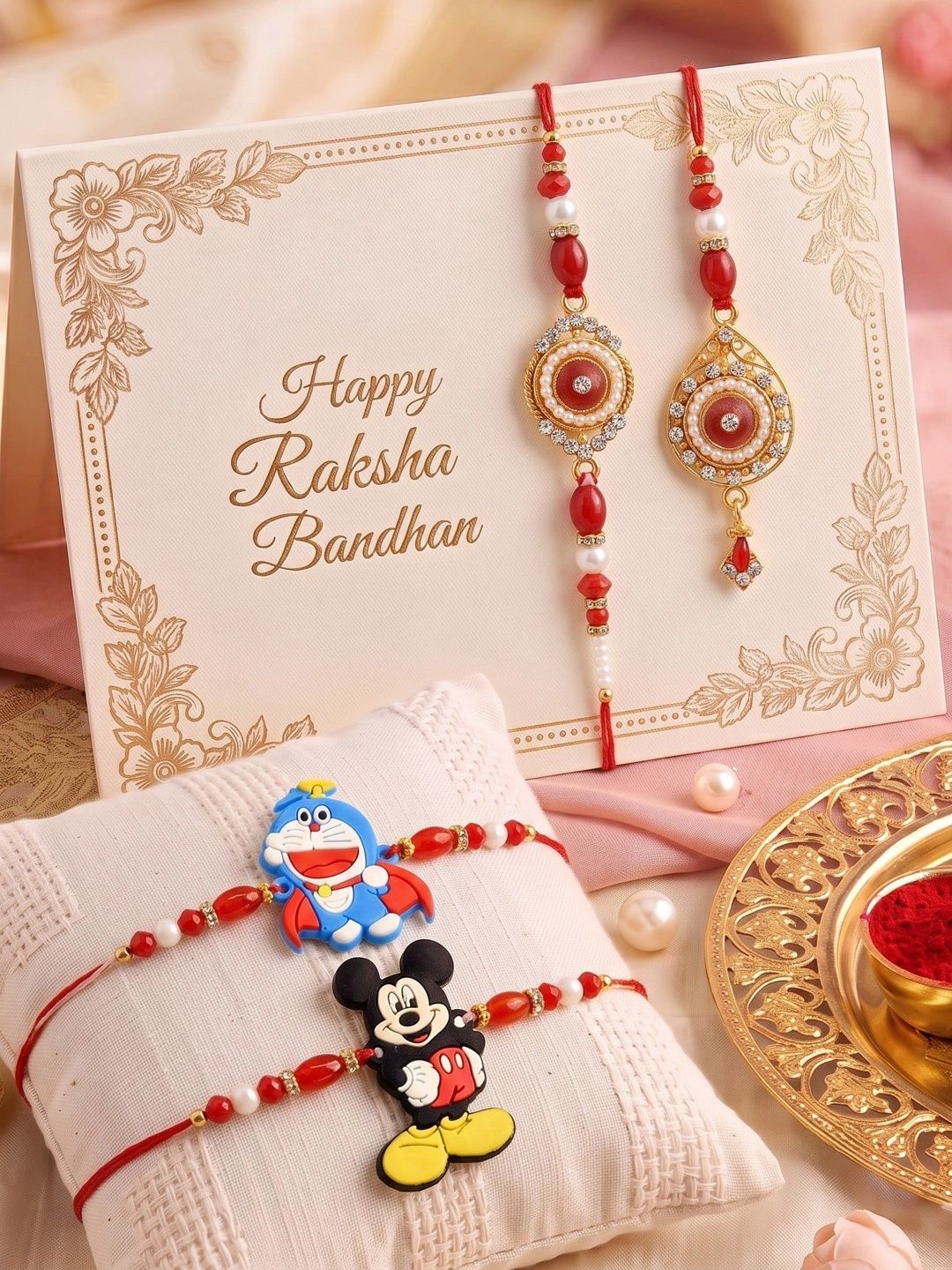 MEIRA JEWELLERY Men 4 Pcs Thread Rakhi with Roli chawal And Greeting card-picture-34