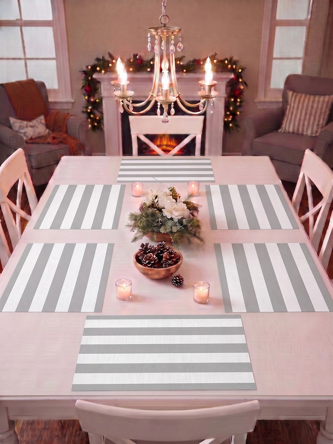 Myntra Elegant Homes 8-Pcs White Striped Rectangle Table Placemats-picture-24